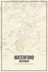 Retro US city map of Waterford, Wisconsin. Vintage street map.