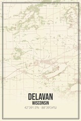 Retro US city map of Delavan, Wisconsin. Vintage street map.