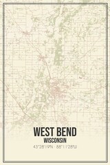 Retro US city map of West Bend, Wisconsin. Vintage street map.