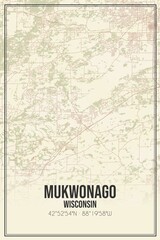 Retro US city map of Mukwonago, Wisconsin. Vintage street map.