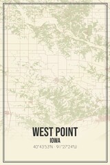 Retro US city map of West Point, Iowa. Vintage street map.
