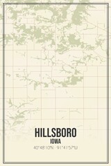 Retro US city map of Hillsboro, Iowa. Vintage street map.