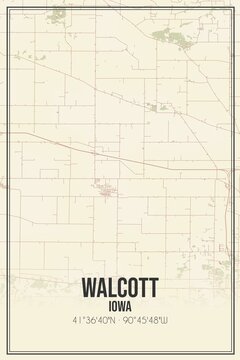 Retro US city map of Walcott, Iowa. Vintage street map.
