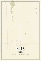 Retro US city map of Hills, Iowa. Vintage street map.