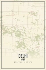 Retro US city map of Delhi, Iowa. Vintage street map.