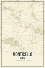 Retro US city map of Monticello, Iowa. Vintage street map.