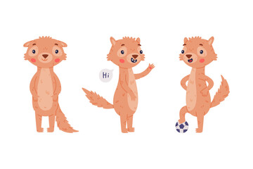 Cute Little Xerus Character with Pretty Snout Greeting and Playing Football Vector Set