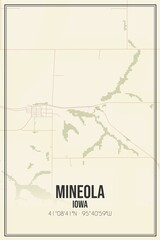 Retro US city map of Mineola, Iowa. Vintage street map.