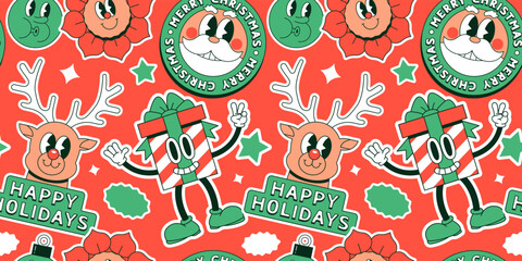 Funny vintage christmas cartoon character label seamless pattern illustration. Retro sticker patch background for xmas party celebration. Festive holiday season graphic print.