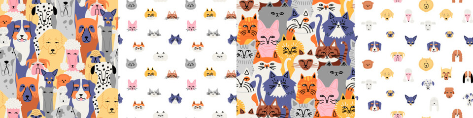 Set of funny cat and dog animal crowd cartoon seamless pattern in flat illustration style. Cute domestic pet group background collection, diverse breed wallpaper print. © Dedraw Studio