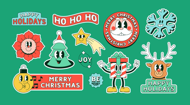 Set of funny vintage christmas cartoon character label on isolated background. Retro sticker patch illustration collection for xmas party celebration. Festive holiday season graphic bundle.