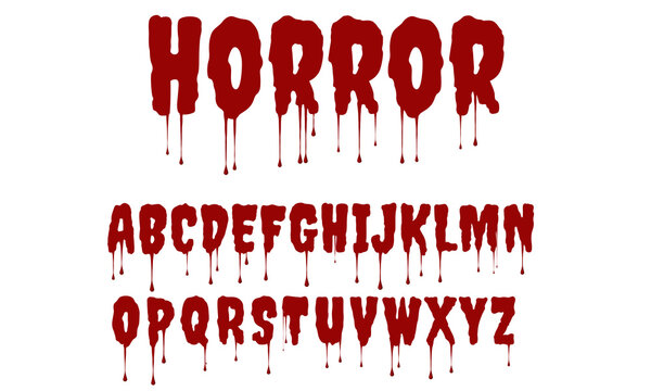 Creepy horror alphabet with dripping letters, red halloween abc on transparent png background, blood font, creative uppercase typography for poster, flyer, movie etc.