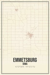 Retro US city map of Emmetsburg, Iowa. Vintage street map.
