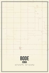 Retro US city map of Bode, Iowa. Vintage street map.