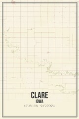 Retro US city map of Clare, Iowa. Vintage street map.
