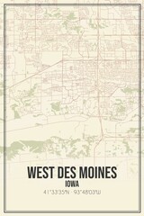 Retro US city map of West Des Moines, Iowa. Vintage street map.