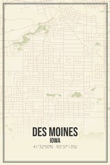 Retro US city map of Des Moines, Iowa. Vintage street map.