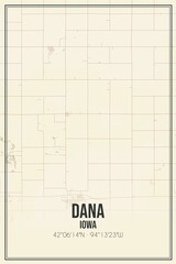 Retro US city map of Dana, Iowa. Vintage street map.