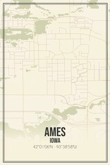 Retro US city map of Ames, Iowa. Vintage street map.