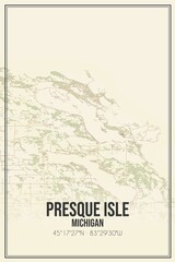 Retro US city map of Presque Isle, Michigan. Vintage street map.