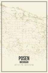 Retro US city map of Posen, Michigan. Vintage street map.