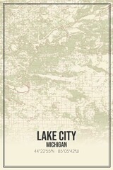 Retro US city map of Lake City, Michigan. Vintage street map.