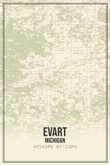 Retro US city map of Evart, Michigan. Vintage street map.