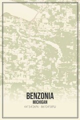 Retro US city map of Benzonia, Michigan. Vintage street map.