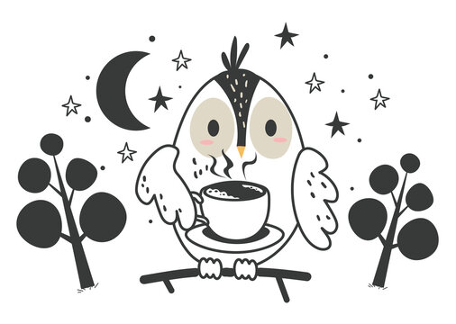 Owl bird drink coffee tea hot drink late night concept. Vector graphic design illustration element