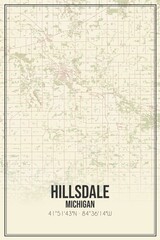 Retro US city map of Hillsdale, Michigan. Vintage street map.