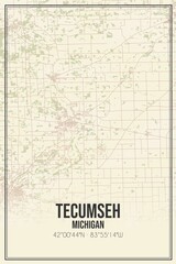 Retro US city map of Tecumseh, Michigan. Vintage street map.
