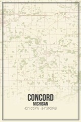 Retro US city map of Concord, Michigan. Vintage street map.
