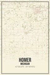 Retro US city map of Homer, Michigan. Vintage street map.