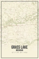 Retro US city map of Grass Lake, Michigan. Vintage street map.