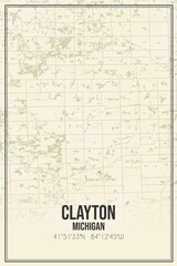 Retro US city map of Clayton, Michigan. Vintage street map.