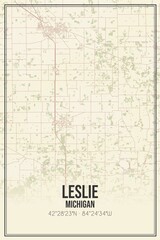 Retro US city map of Leslie, Michigan. Vintage street map.