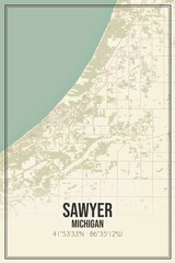 Retro US city map of Sawyer, Michigan. Vintage street map.