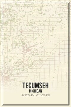 Retro US city map of Tecumseh, Michigan. Vintage street map.