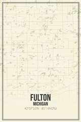 Retro US city map of Fulton, Michigan. Vintage street map.