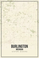 Retro US city map of Burlington, Michigan. Vintage street map.