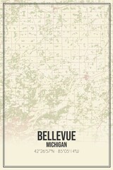Retro US city map of Bellevue, Michigan. Vintage street map.