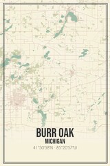 Retro US city map of Burr Oak, Michigan. Vintage street map.