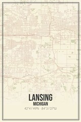 Retro US city map of Lansing, Michigan. Vintage street map.