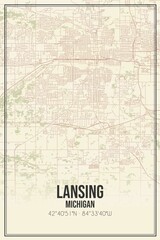 Retro US city map of Lansing, Michigan. Vintage street map.