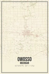 Retro US city map of Owosso, Michigan. Vintage street map.