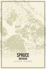 Retro US city map of Spruce, Michigan. Vintage street map.
