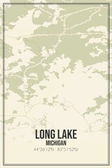 Retro US city map of Long Lake, Michigan. Vintage street map.