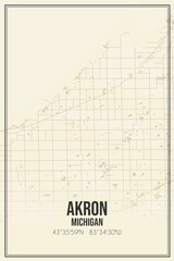 Retro US city map of Akron, Michigan. Vintage street map.
