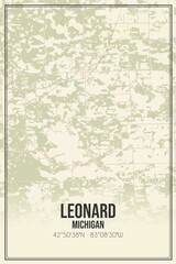 Retro US city map of Leonard, Michigan. Vintage street map.