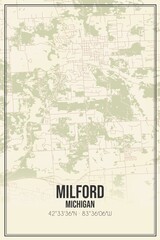 Retro US city map of Milford, Michigan. Vintage street map.